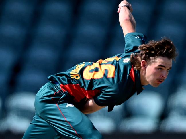 Aidan O'Connor bowling against NSW in his Tasmania debut at UTAS Stadium on Wednesday. (Photo by Steve Bell/Getty Images)