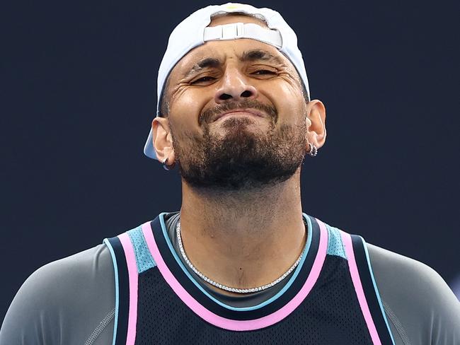 BRISBANE, AUSTRALIA - JANUARY 01:  Nick Kyrgios reacts in the Men's Doubles match partnered with Novak Djokovic against Michael Venus and Nikola Mektic during day four of the 2025 Brisbane International at Pat Rafter Arena on January 01, 2025 in Brisbane, Australia. (Photo by Chris Hyde/Getty Images)