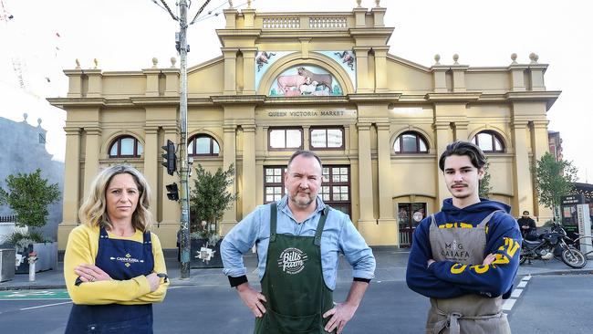 Queen Victoria Market traders Michelle Caiafa, Mark Scott and Zachary Grimaldi are not happy about a possible safe injecting room being opened nearby. Picture: Ian Currie