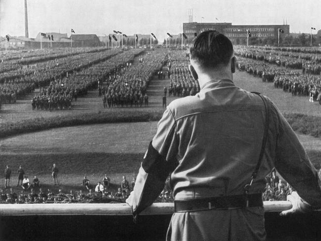 German Fuhrer and Nazi leader Adolf Hitler (1889 – 1945) addresses soldiers at a Nazi rally in Dortmund, Germany. Picture: Hulton Archive/Getty Images