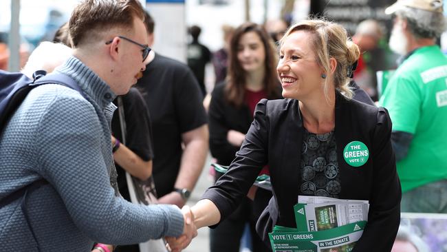 Greens Senator Larissa Waters delivering her last pitch to voters before the election. Picture: Peter Wallis