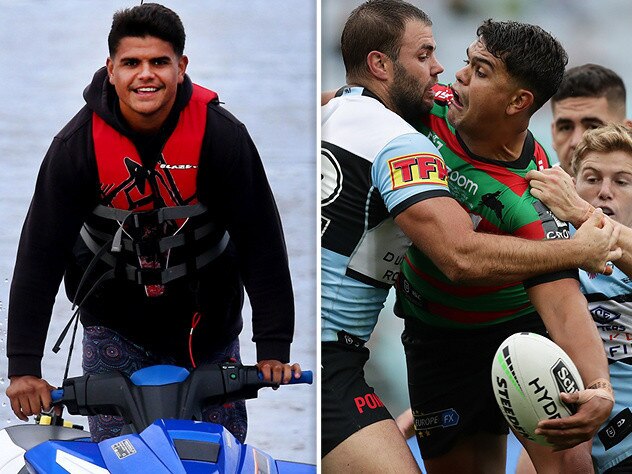 NRL player Latrell Mitchell arrives back from fishing from his jet ski on the Manning River at Taree, and (right) playing for South Sydney against Cronulla in round one. Picture: Peter Lorimer