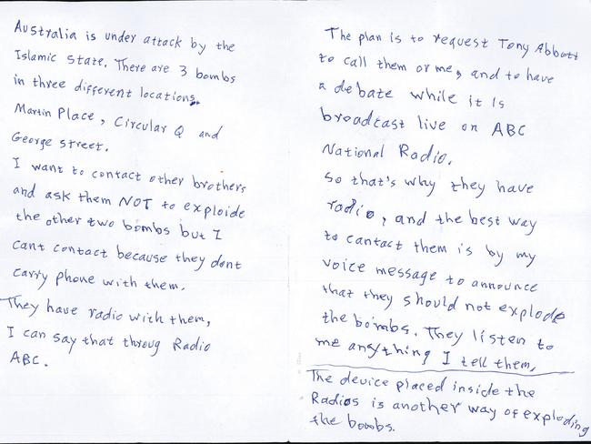 A copy of the note Tori Johnson was made to read during triple-0 call.