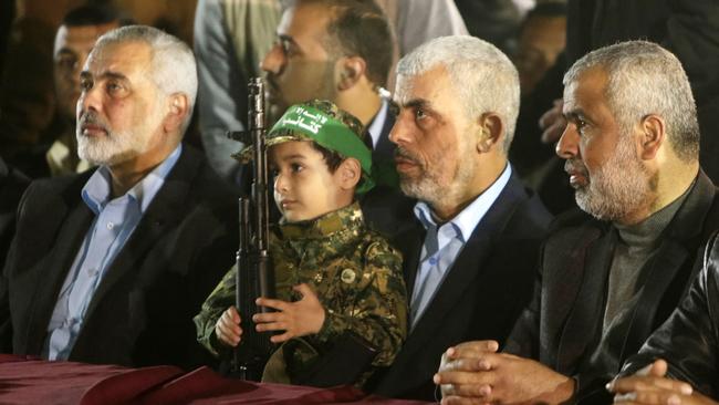 Yahya Sinwar and Ismail Haniyeh (L) during a memorial in Gaza City in 2017. Picture: AFP.