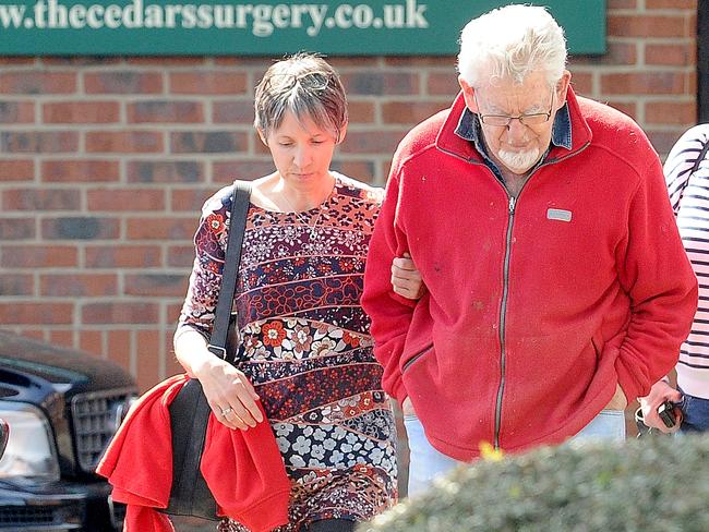 Harris, 89, was seen visiting a doctors surgery near his home in Maidenhead, England, dressed in a red sweater and dirty blue jeans. Picture: Jeff Rayner/Coleman-Rayner