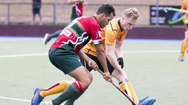 Redcliffe’s Nick Budd and Easts Alex Hough Picture: Renae Droop