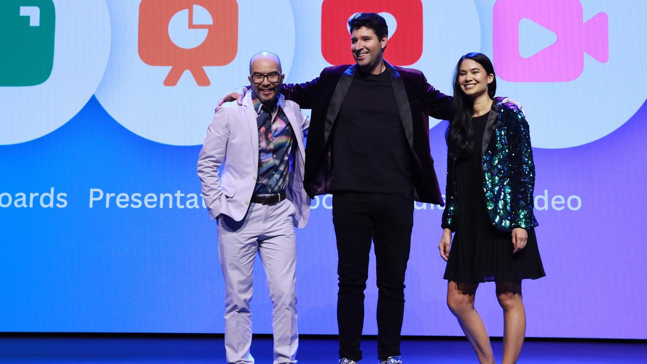 From left: Canva co-founders Cameron Adams, Cliff Obrecht and Melanie Perkins. Picture: John Feder