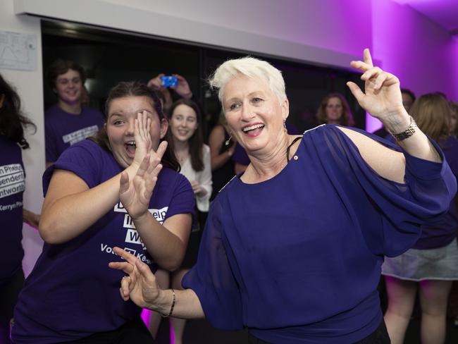 SYDNEY, AUSTRALIA - OCTOBER 20:  Independent candidate, Dr Kerryn Phelps dances and celebrates winning the seat of Wentworth at the North Bondi Surf Lifesaving Club on October 20, 2018 in Sydney, Australia. Despite traditionally being a blue ribbon Liberal seat, Independent candidate Kerryn Phelps is considered a strong chance to beat Liberal candidate Dave Sharma. A loss for the Liberal party will put the Coalition into a minority government, and be one of the biggest by-election losses in history. The by-election was triggered after Malcolm Turnbull resigned from parliament following his defeat as Prime Minister in August.  (Photo by Cole Bennetts/Getty Images)