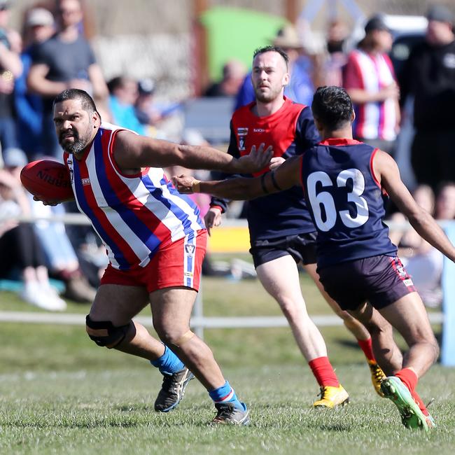 Max Solomon playing for Lindenow South in the ODFL grand final last year at Omeo. Picture: Yuri Kouzmin