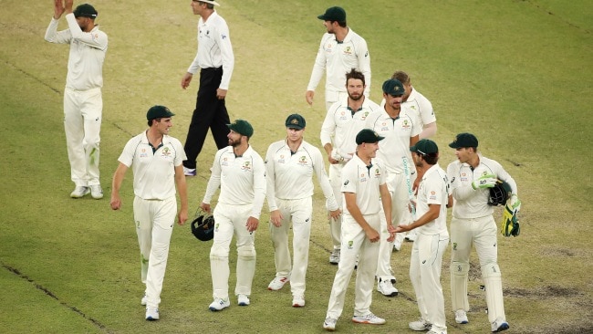 Australian players celebrate during day four of the First Test match in the series between Australia and New Zealand in 2019. Picture: Getty Images