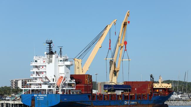 A locomotive is unloaded from the BBC Vesuvius at Mackay Harbour in Queensland. One Rail Australia was expected to use the new locomotives to haul coal from mines on Aurizon's Goonyella rail system to Dalrymple Bay. The Port of Mackay had record throughput in 2021-22, moving 3.6 million tonnes of products including sugar and grain. Picture: Scott Jesser