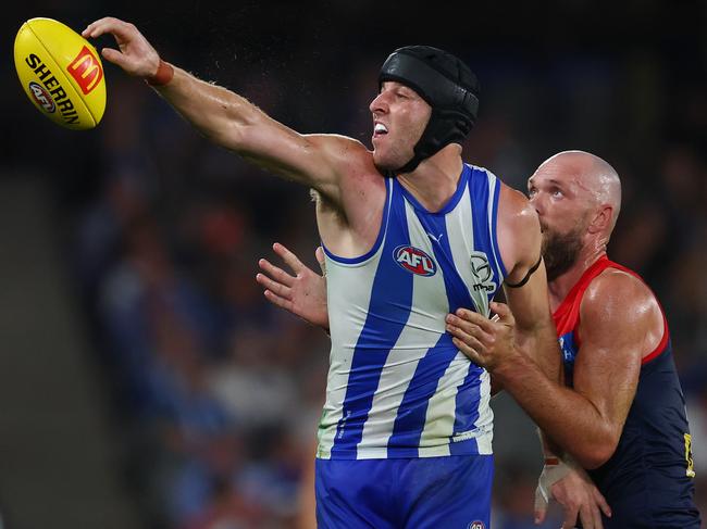 Tristan Xerri wins another hitout in front of Max Gawn. Picture: Morgan Hancock/Getty Images