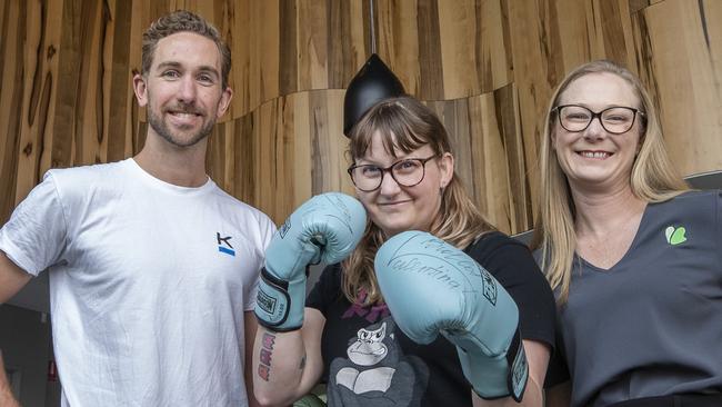 Exercise physiologist Josh Miller, coach Ella Crocombe and St Lukes Health Southern Regional Manager Kate Denmen in the wellbeing hub at Hobart. Picture: Chris Kidd