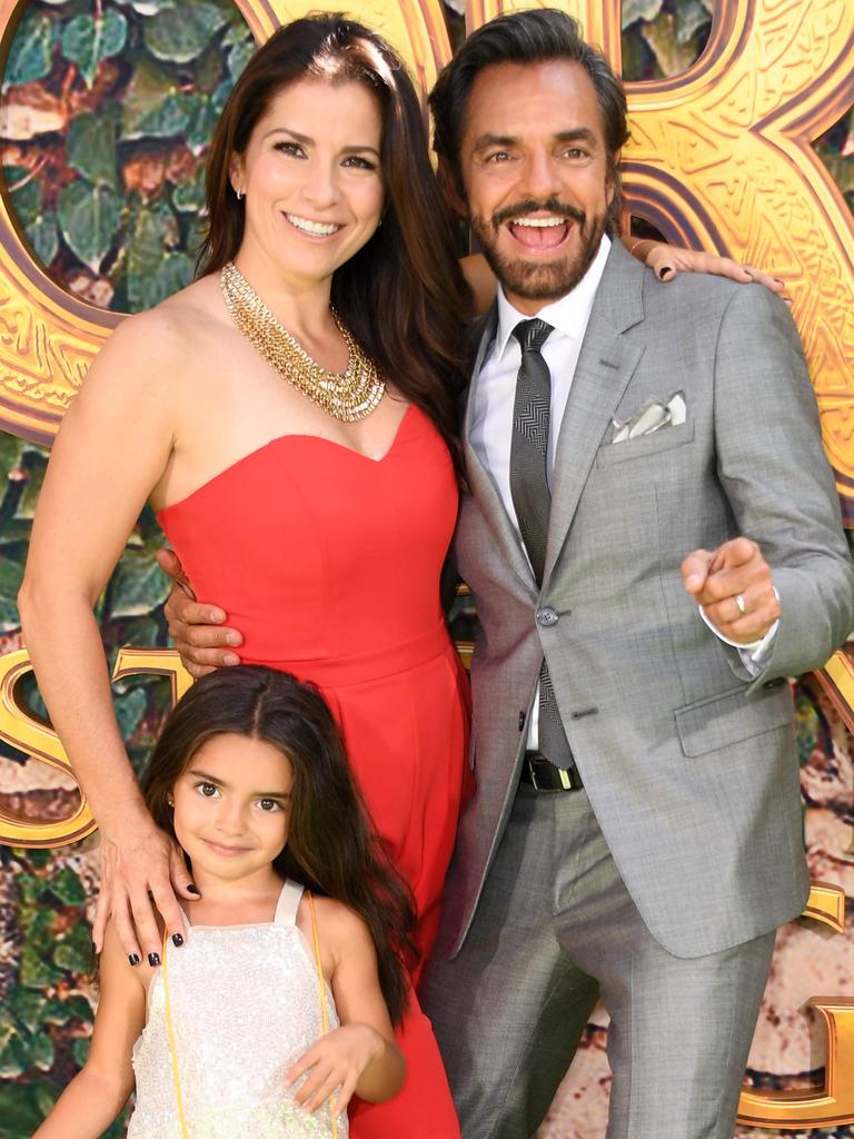 Eugenio Derbez (Alejandro Gutierrez), wife Alessandra Rosaldo and their daughter Aitana Derbez at the world premiere of the Queensland-filmed Dora and the Lost City of Gold at Regal LA cinemas. Picture: Valerie Macon/AFP