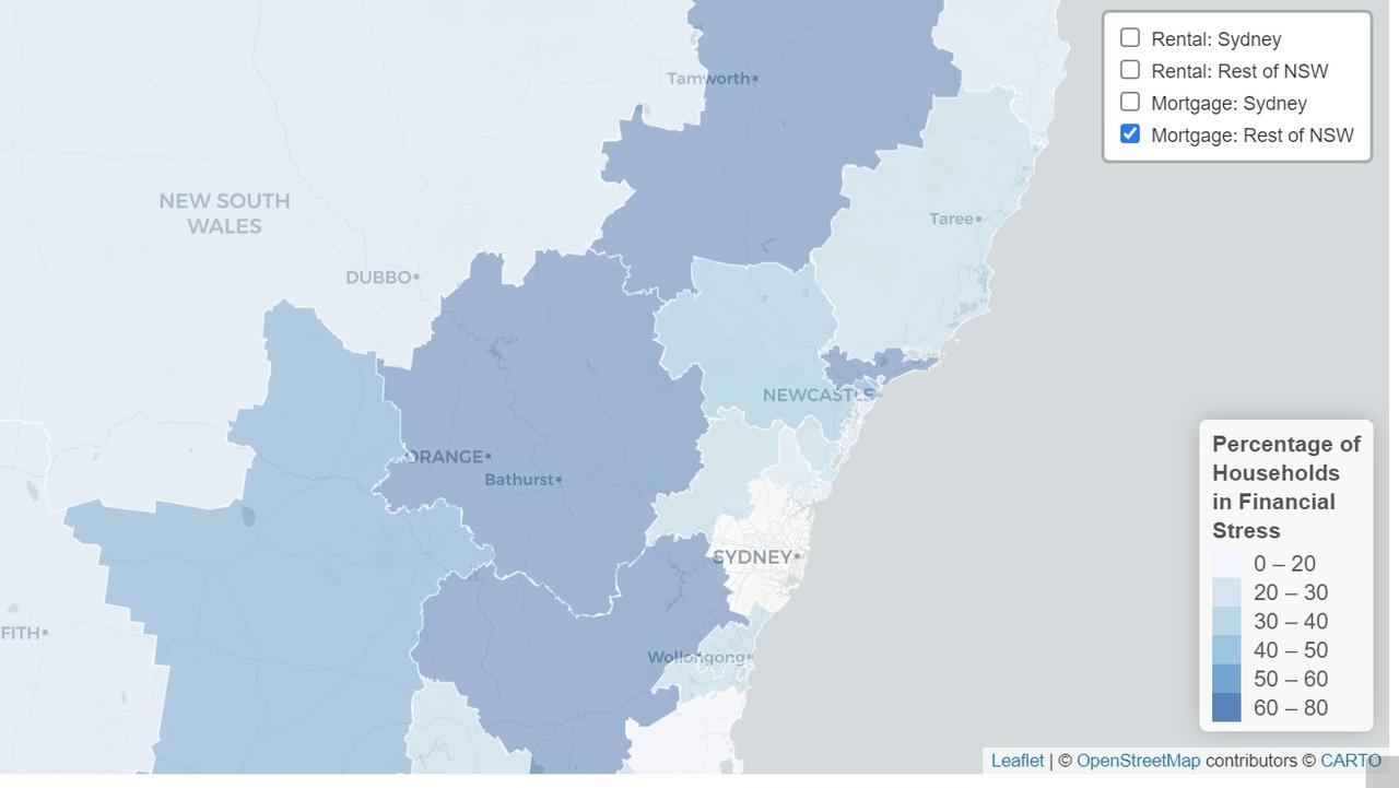 NSW heat map of areas in financial stress. Picture: Everybody’s Home