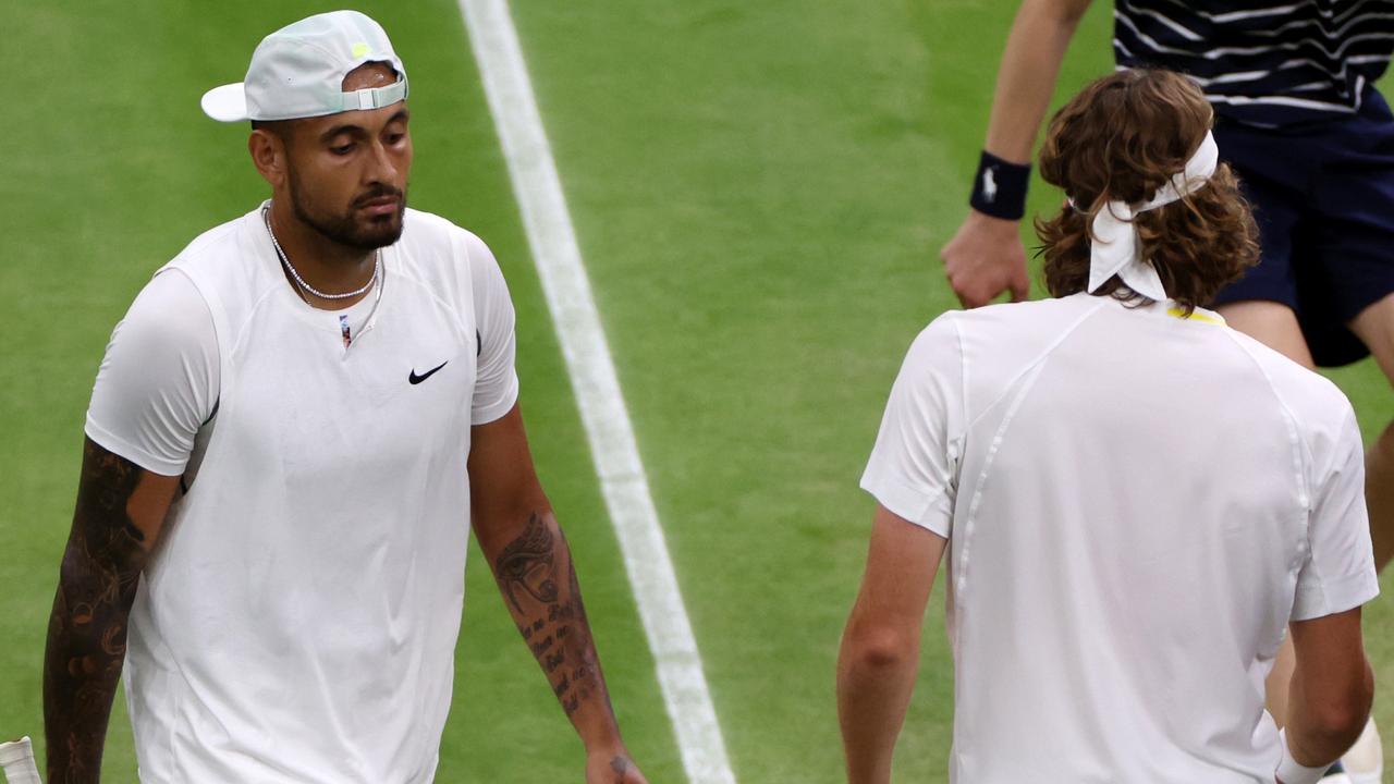 Nick Kyrgios and Stefanos Tsitsipas at Wimbledon. Picture: Getty Images