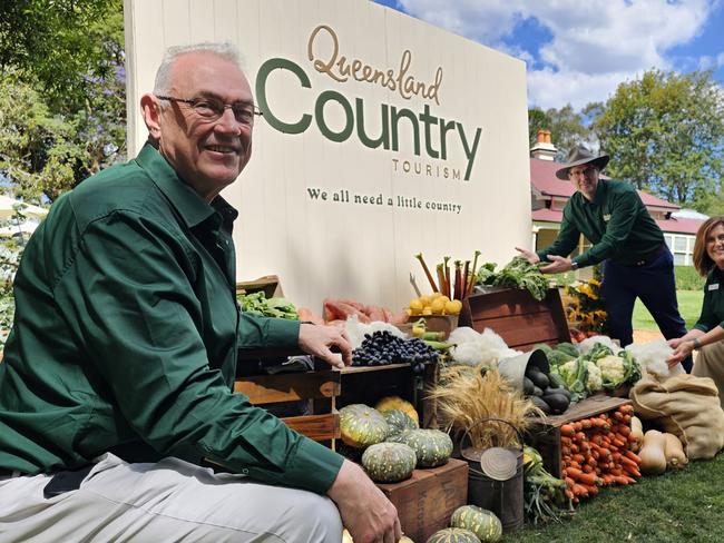 Unveiling the new branding for Queensland Country Tourism at Gabbinbar Homestead are chief executive Peter Homan (left), deputy chair Louise Sturgess and chair Geoff McDonald.