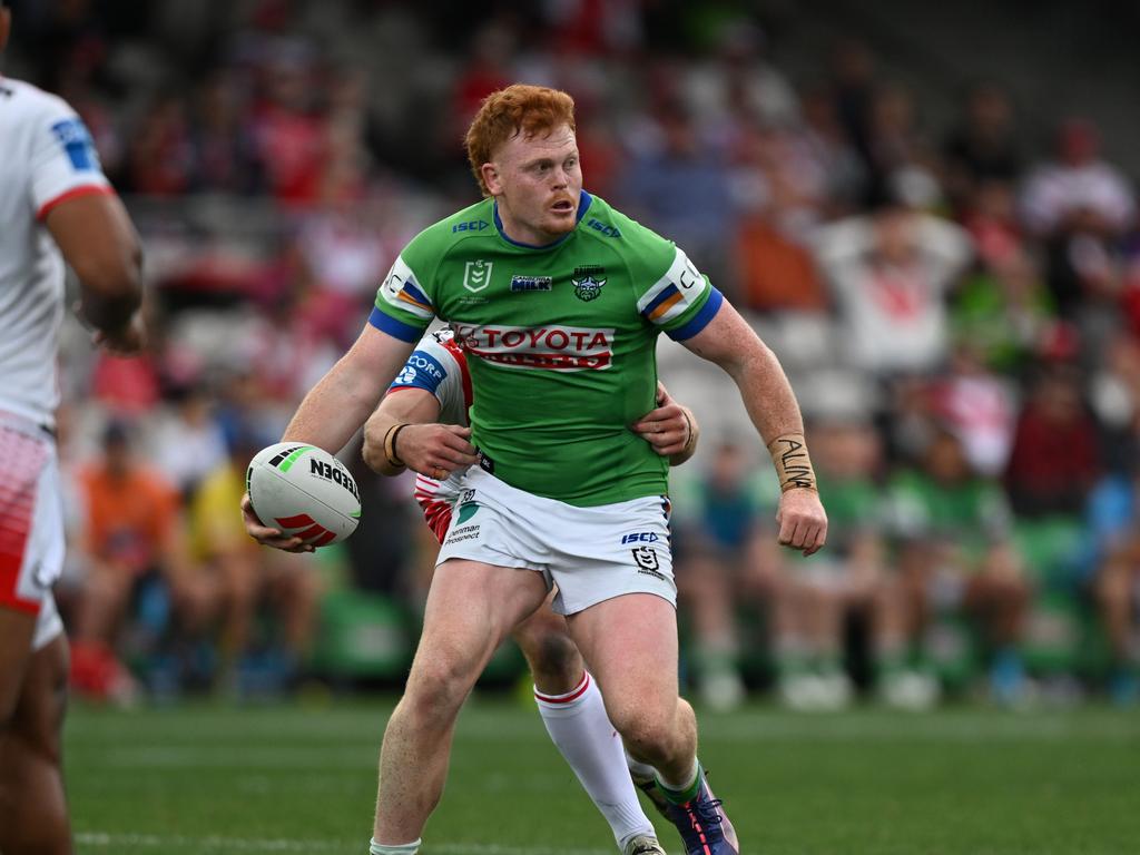 An unlikely hero, Corey Horsburgh barged over late to score the match winner for the Raiders. Picture: NRL Imagery