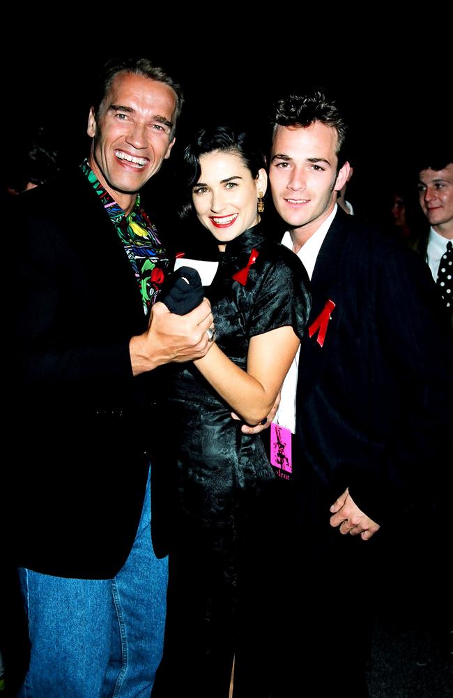 Arnold Schwarzenegger, Demi Moore and Luke Perry at the 1992 MTV Movie Awards. Picture: Jeff Kravitz/FilmMagic