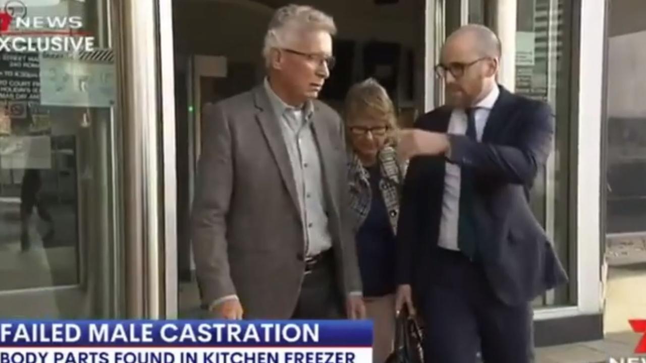 Ryan King’s parents outside Brisbane Magistrates Court where their son appeared charged with intention to maim. Picture: Channel 7
