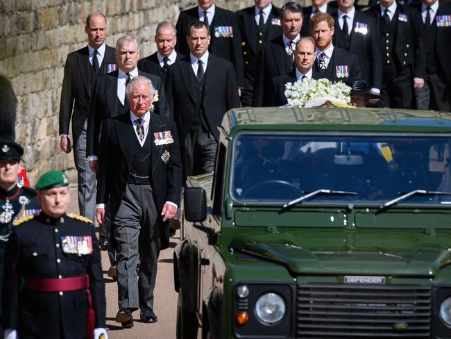 Prince Charles, Prince of Wales, Prince Andrew, Duke of York, Prince Edward, Earl of Wessex, Prince William, Duke of Cambridge, Peter Phillips, Prince Harry, Duke of Sussex, Earl of Snowdon David Armstrong-Jones and Vice-Admiral Sir Timothy Laurence follow Prince Philip, Duke of Edinburgh's coffin. Picture: Getty