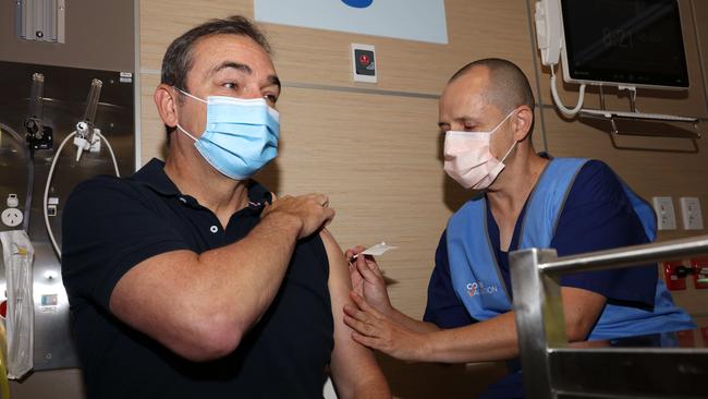 e South Australian Premier, Steven Marshall receives the first injection of COVID-19 Vaccine in South Australia administered by nurse Ben Cahill Picture: NCA NewsWire / Emma Brasier