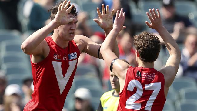 Jordan Sweet celebrates a goal in this year’s SANFL semi-final. Picture: Sarah Reed.