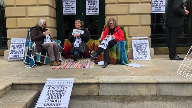 Three "knitting nannas" were charged with trespass after they blocked the Parliament House entryway by knitting "tell the truth" scarves during the Extinction Rebellion protests in October 2019.