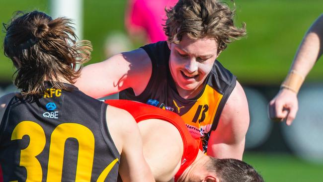 Lochie Griggs was knocked out in a sickening head clash in the second and was taken to hospital. Picture: SOLSTICE DIGITAL