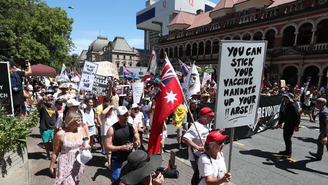 The Freedom Rally in the Brisbane CBD on Saturday. Picture: Annette Dew