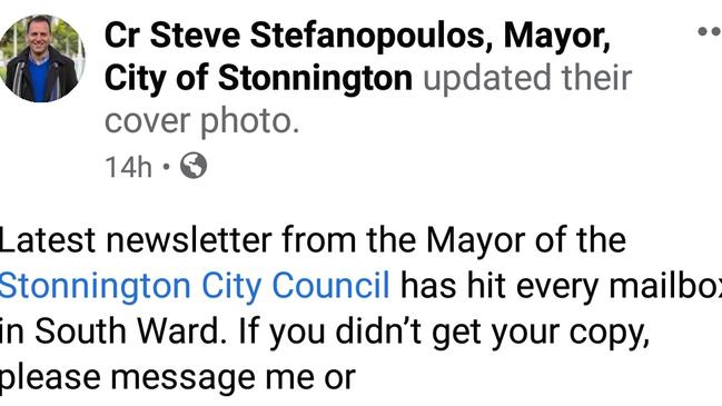 Stonnington Mayor Steve Stefanopoulos has dodged questions on the 'News from your Mayor' newsletter, which he's promoted on his councillor Facebook page.