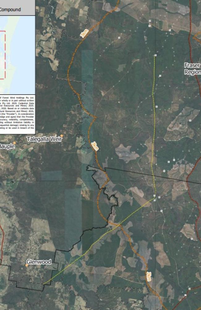 Map of the proposed high voltage transmission line (in yellow) connects a $2bn wind farm in Tuan, Toolara and Neerdie State Forest to Glenwood. The transmission line will extend to the Woolooga substation.