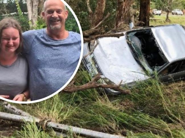 Krystal and Lenny Cain spend hours clinging to a tree in floodwaters before Krystal was swept away. Photo: Supplied