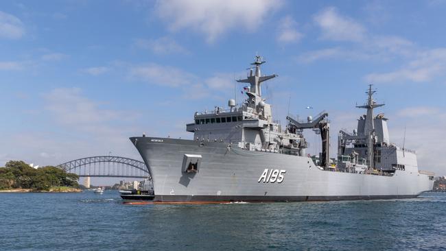 Australian replenishment vessel HMAS Supply arrives at her home port, Sydney’s Fleet Base East, in January 2021. The ship has been out of service for about two years with a drive train defect. Picture: Defence