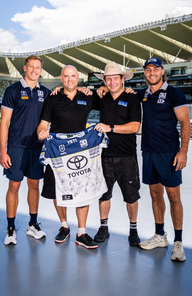 Toyota North Queensland Cowboys centre Jaxon Purdue, Team Code Blue Secretary Peter Vinnicombe, charity president Shane Martin and Cowboys utility Karl Lawton. Picture: Supplied