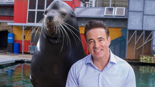 Boston the California sea lion with Sea World CEO Clark Kirby. Picture: Jerad Williams