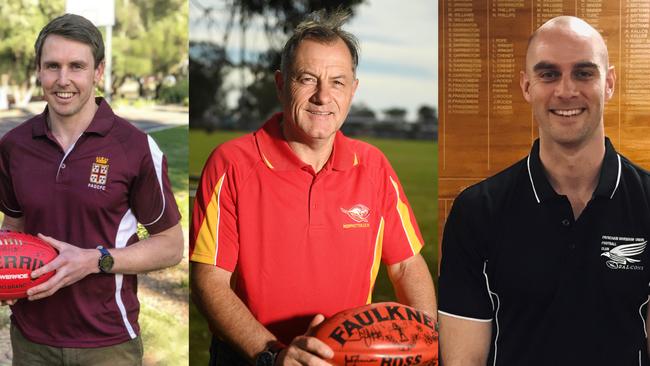 New Adelaide Footy League coaches Craig Pitt (Prince Alfred OC), Tony McGuinness (Morphettville Park), Jace Bode (Payneham Norwood Union.