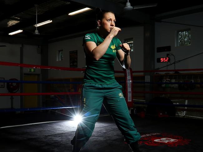 Rio-bound boxer Shelley Watts shadow boxing in Brisbane. Pictures: Jack Tran