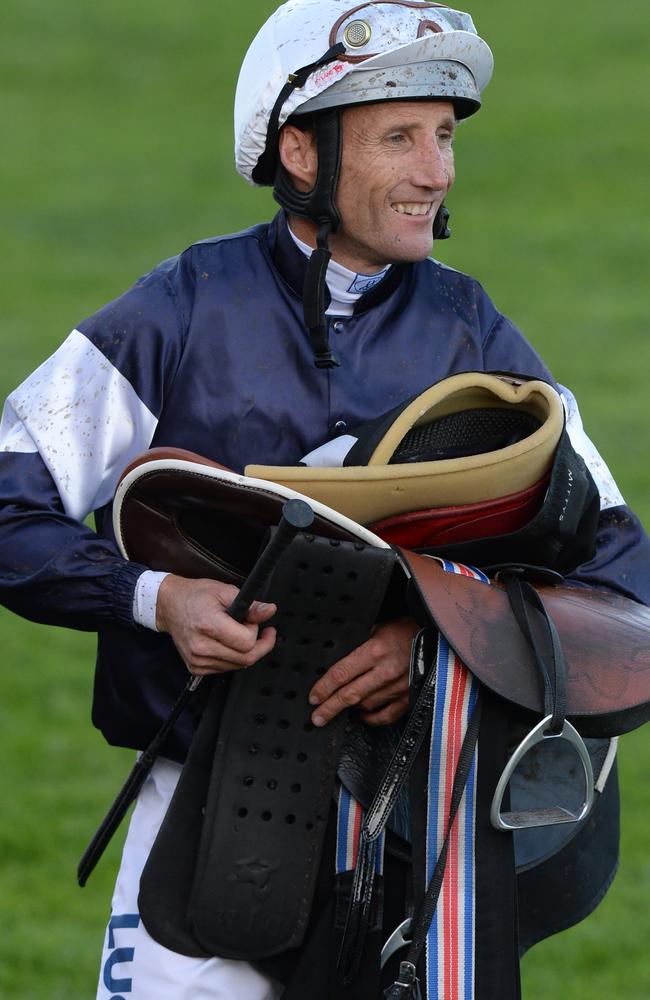 Jockey Damien Oliver following Almandin’s tremendous victory. Picture: AAP