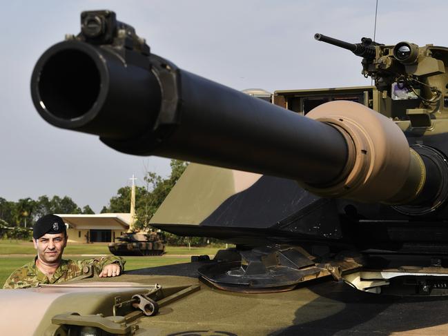 Major Ed Sonon with a M1A1 Abrams tank at the 1st Armoured Cambrai Day parade at Robertson Barracks