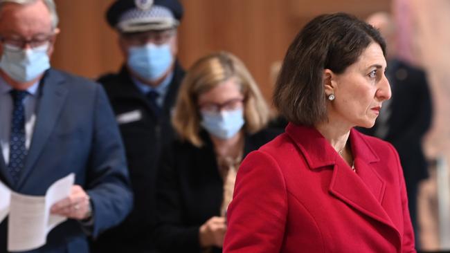 NSW Premier Gladys Berejiklian arrives to give her daily Covid update . Picture: NCA NewsWire / Jeremy Piper