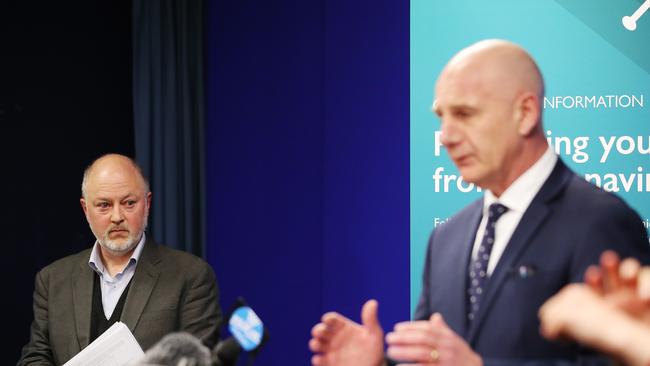 Director of public health Dr Mark Veitch looks on as Premier Peter Gutwein addresses the media during the Tasmanian State Government COVID-19 update. Picture: Zak Simmonds