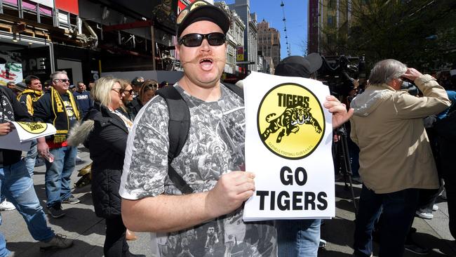 Mark Kent supports his Tigers during the Rundle Mall Grand Final Eve Presentations Saturday September 21,2019. Picture: Mark Brake