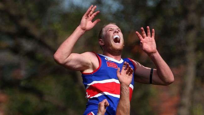 Andrew Browne of Keilor flies for a mark during the EDFL match between Keilor and Strathmore played in Keilor on Firday 25th March, 2016. Picture: Mark Dadswell