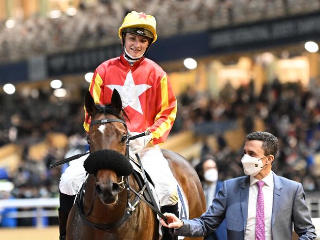 Star jockey Jamie Kah rides her first winner in Hong Kong for the legendary Douglas Whyte. Picture: Grant Peters - Trackside Photography.