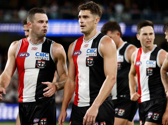 Brad Crouch and Jack Steele lead the Saints off after the loss to Geelong. Picture: Michael Willson/AFL Photos