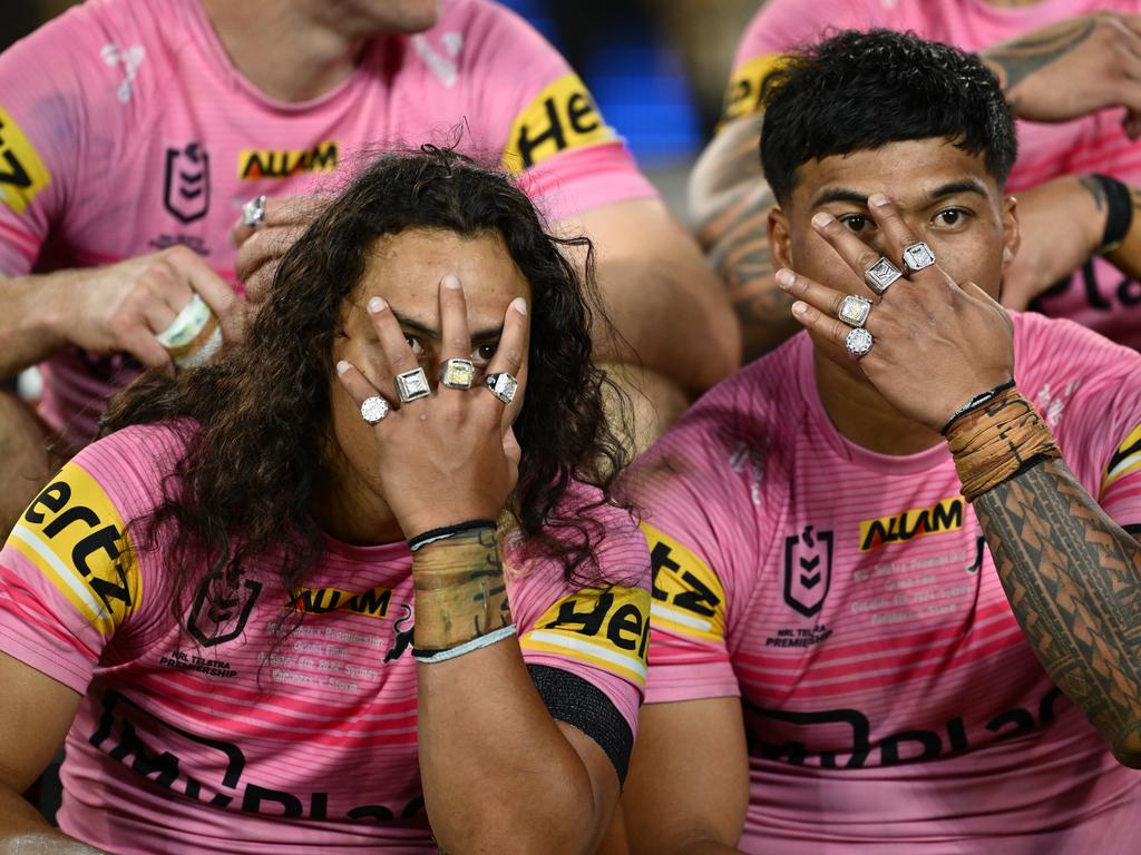 Jarome Luai and Brian To’o of the Penrith Panthers soaked in the glory as they celebrated their triumphant win at the 2024 NRL Grand Final against the Melbourne Storm at Accor Stadium. Picture: Getty