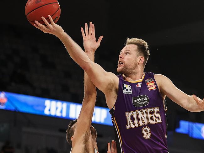 MELBOURNE, AUSTRALIA - FEBRUARY 21: Brad Newley of the Kings shoots the ball during the NBL Cup match between the Sydney Kings and the Adelaide 36ers at John Cain Arena on February 21, 2021, in Melbourne, Australia. (Photo by Martin Keep/Getty Images)