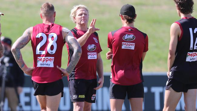  Dermott Brereton in his first session as a part-time forwards coach at St Kilda. Picture: Alex Coppel