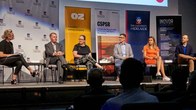 The Future Proof Space Jobs Forum at the University of Adelaide, featuring (from left) MC and The Advertiser columnist Tory Shepherd, astronaut Dr Andy Thomas, Oz Minerals General Manager Transformation and Readiness Katie Hulmes, University of Adelaide’s Associate Professor Off-earth Resources John Culton, Fleet CEO Flavia Tata Nardini and Inovor Technologies CEO Matthew Tetlow. Picture: MATT LOXTON